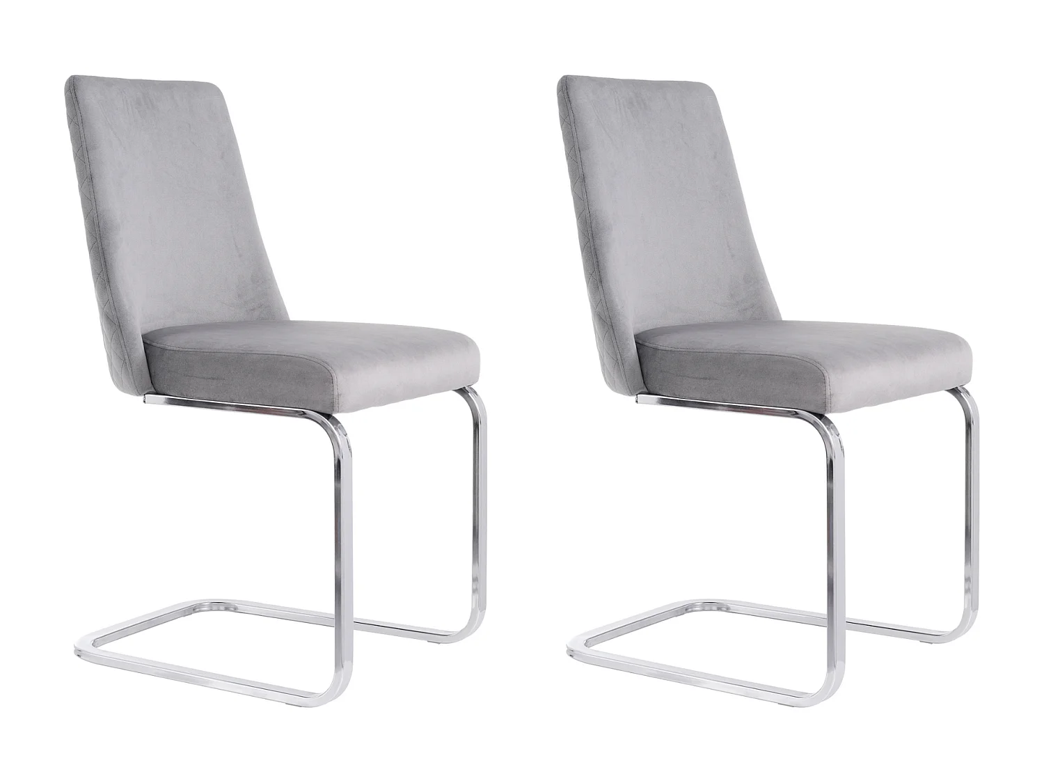 Zestaw 2 luksusowych welurowych foteli wypoczynkowych - 87 x 55 x 42 cm - oparcie w kształcie diamentu - nogi metalowe w kolorze srebrnym - szary