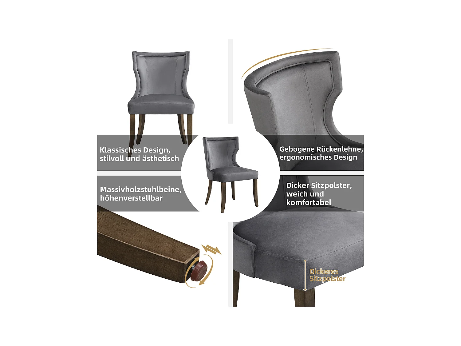 Set van 6 fluwelen stoelen - 84 x 62 x 54 cm - Verstelbare poten van massief hout - Met dik kussen - Grijs