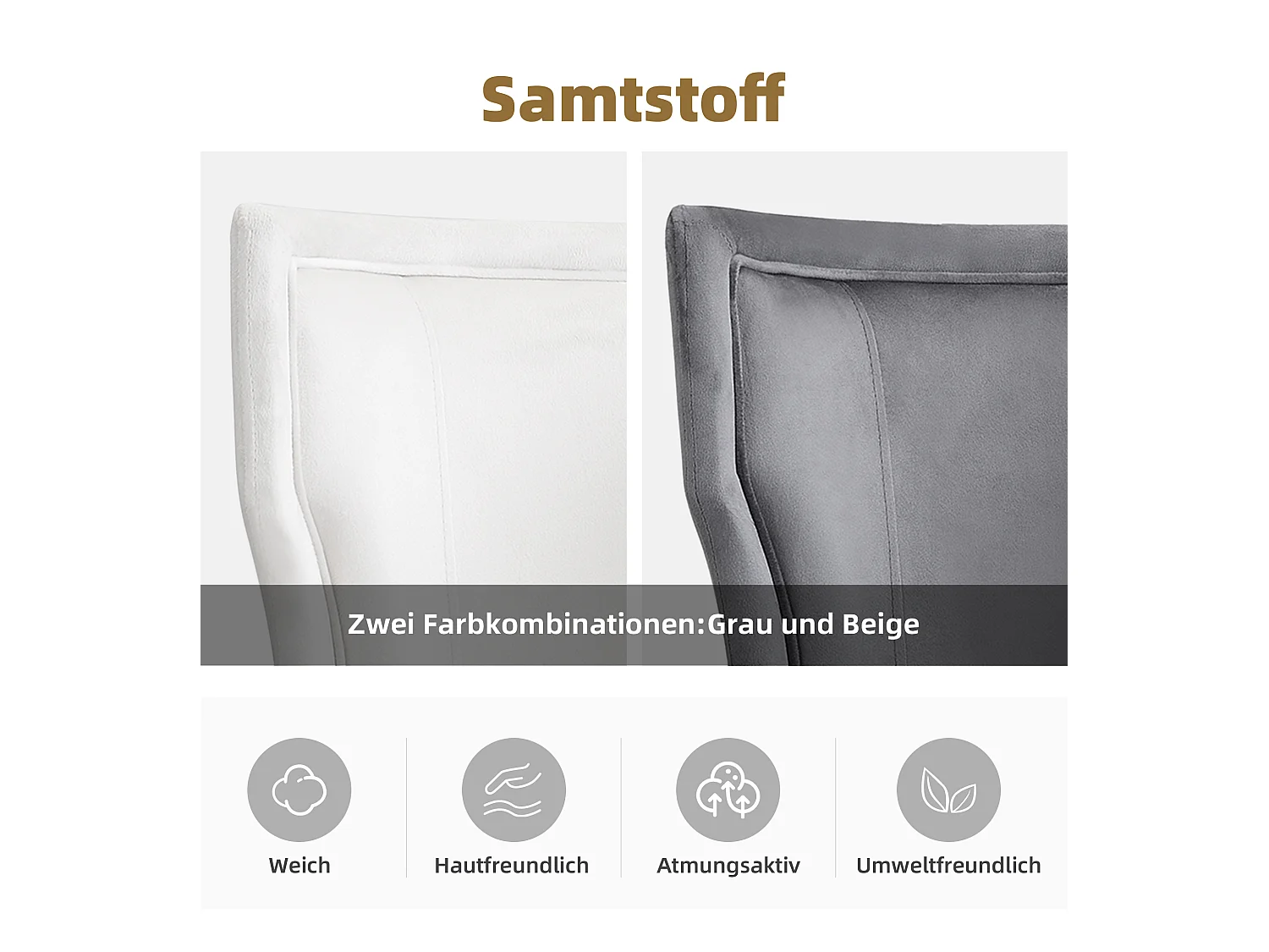 Set van 6 fluwelen stoelen - 84 x 62 x 54 cm - Verstelbare poten van massief hout - Met dik kussen - Grijs