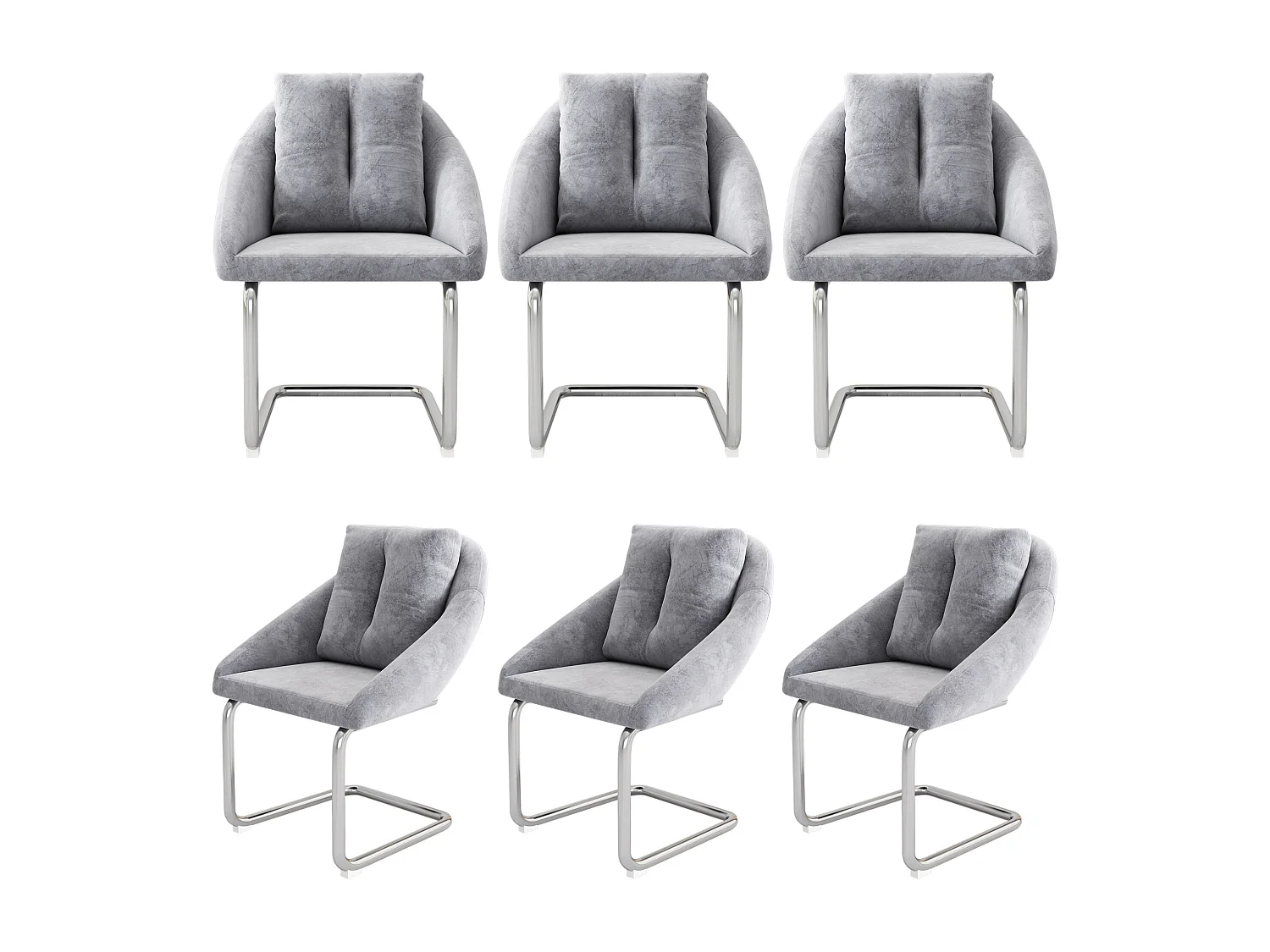 6er-Set Samtstühle – 82 x 57 x 54 cm – mit Kissen – Luxuriöser Drehstuhl für Wohnzimmer und Schlafzimmer – Gewölbte Beine – Grau