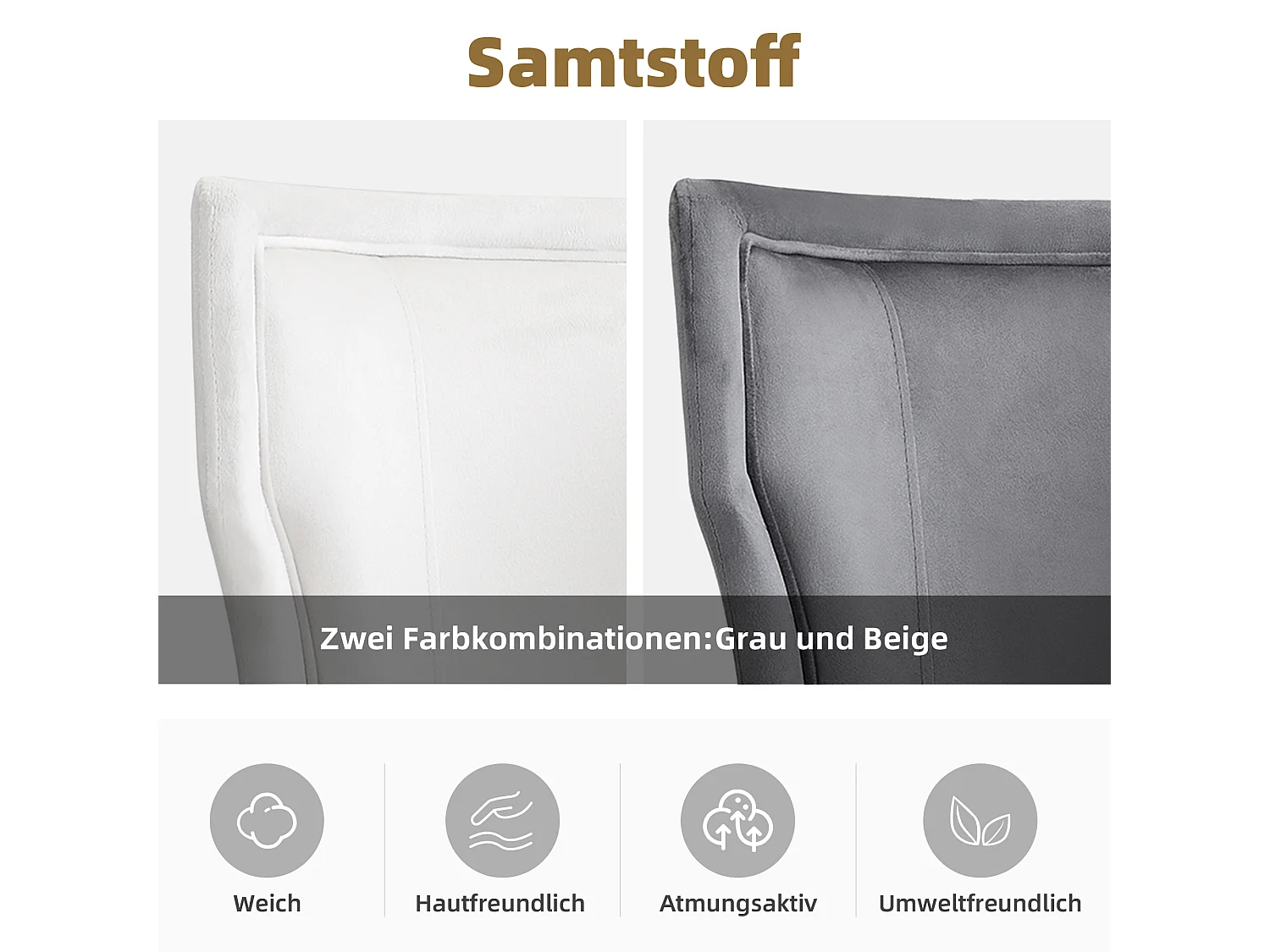 Lot de 4 Chaises en velours - 84 x 62 x 54 cm - pieds réglables en bois massif - avec coussin épais - gris