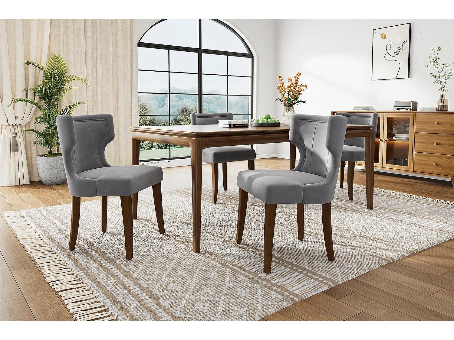 Lot de 4 Chaises en velours - 84 x 62 x 54 cm - pieds réglables en bois massif - avec coussin épais - gris