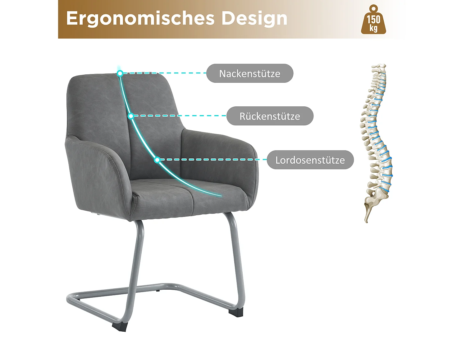 2er-Set Ledersessel - 86 x 51 x 45 cm - für Schlafzimmer und Wohnzimmer - mit gewölbten Stahlbeinen - grau