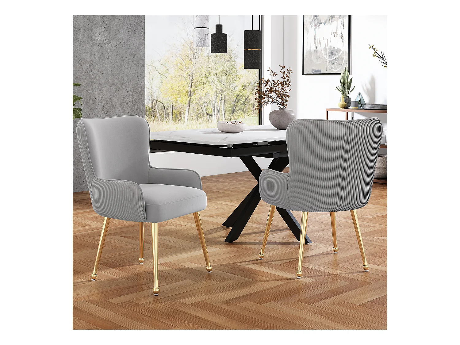 Set di 2 sedie in velluto - 83 x 53 x 57 cm - quattro gambe in metallo dorato - con braccioli e piedini regolabili - grigio