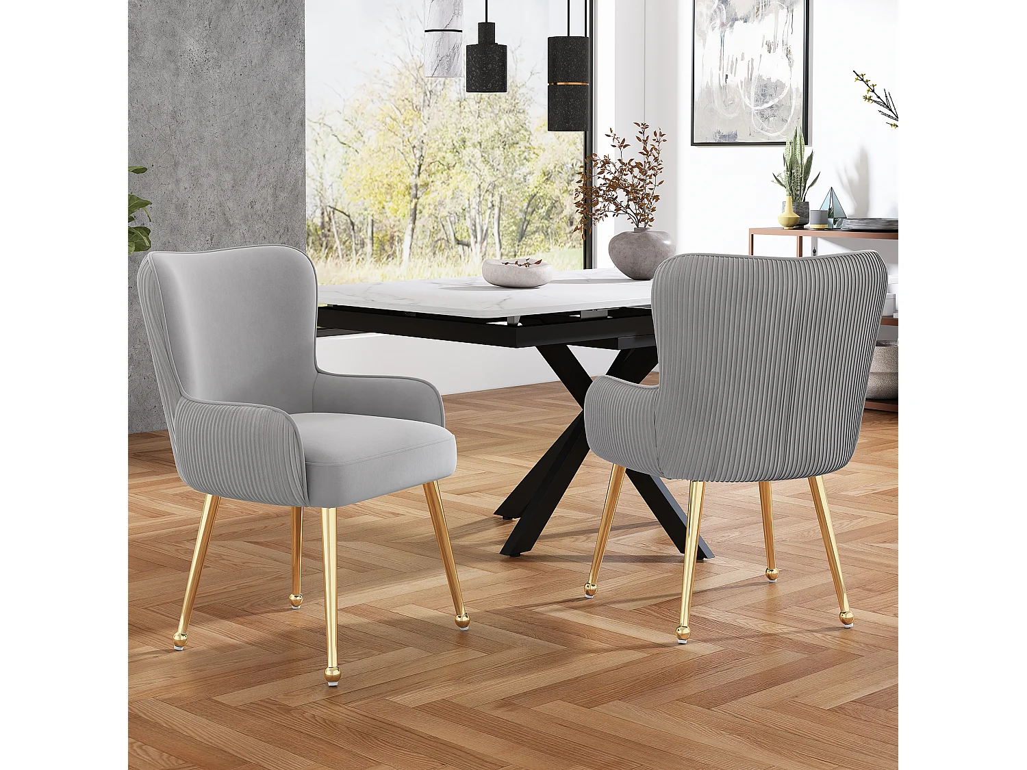 Lot de 2 Chaises en velours - 83 x 53 x 57 cm - quatre pieds en métal doré -avec accoudoirs et pieds réglables - gris