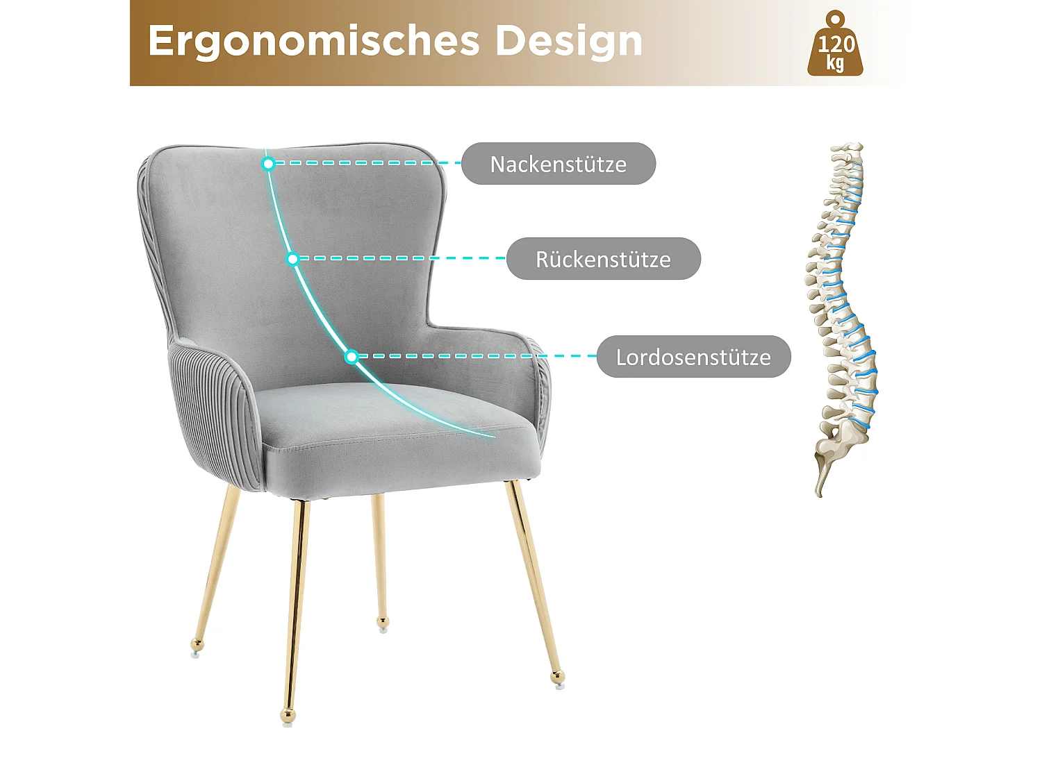 Lot de 2 Chaises en velours - 83 x 53 x 57 cm - quatre pieds en métal doré -avec accoudoirs et pieds réglables - gris