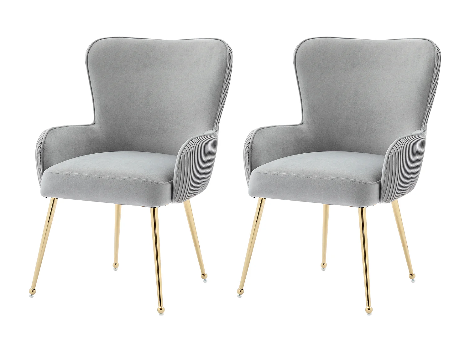 Lot de 2 Chaises en velours - 83 x 53 x 57 cm - quatre pieds en métal doré -avec accoudoirs et pieds réglables - gris
