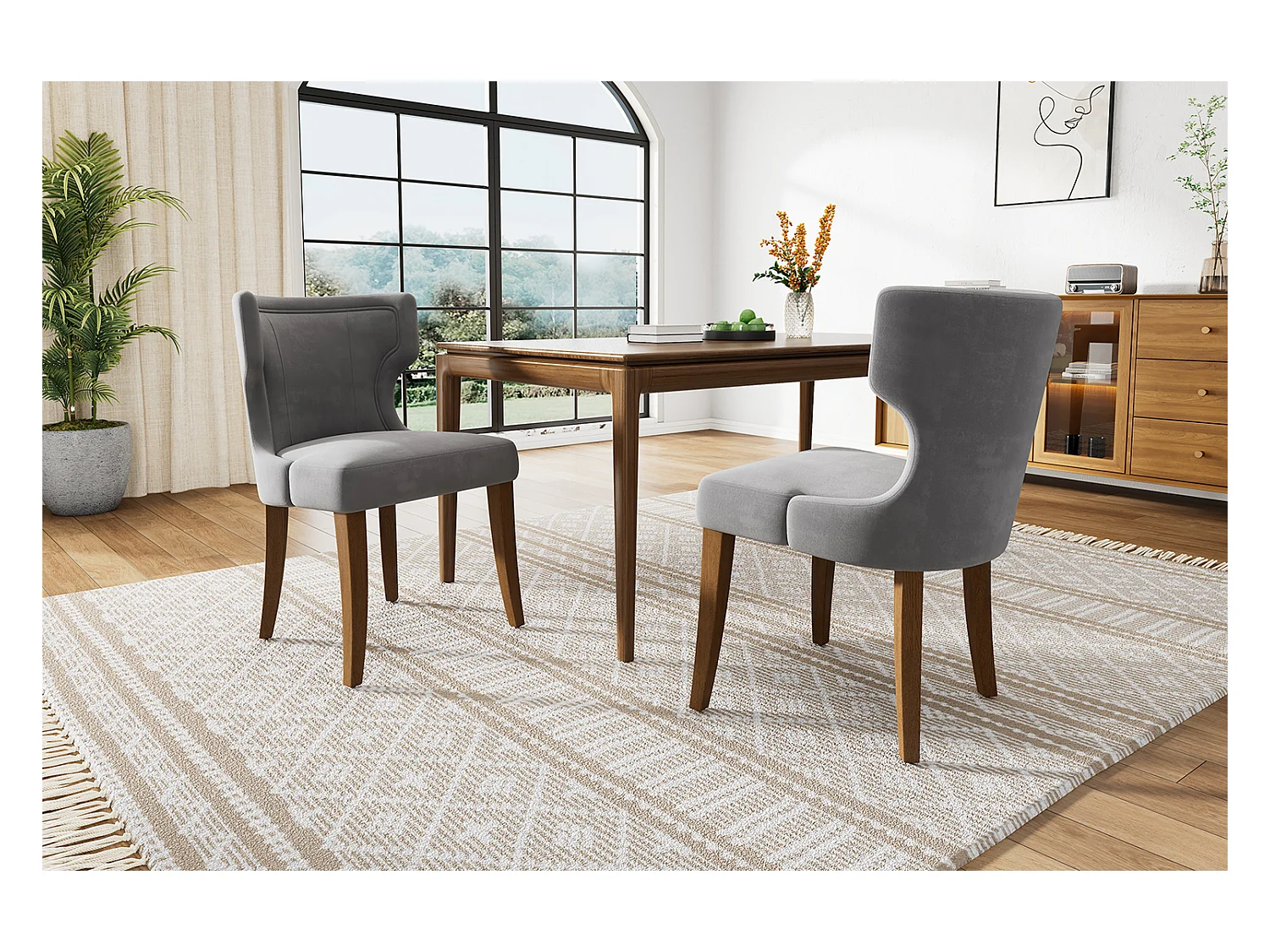 Zestaw 2 krzeseł welurowych - 84 x 62 x 54 cm - regulowane nogi z litego drewna - z grubą poduszką - szary