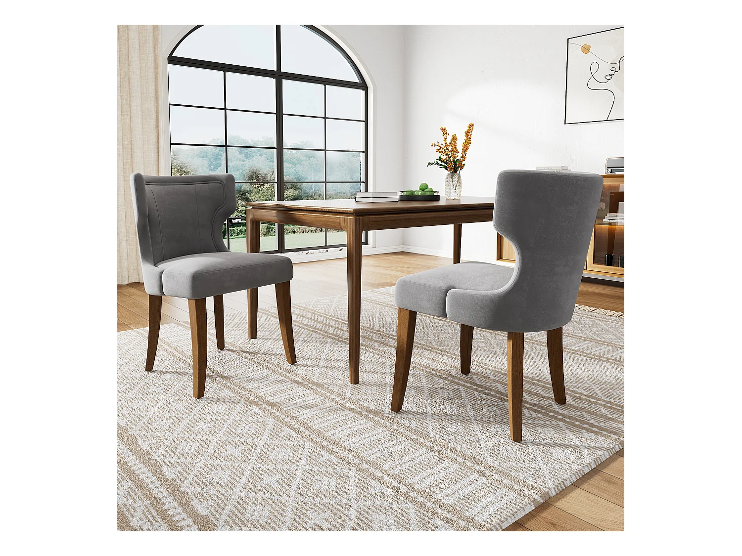 Lot de 2 Chaises en velours - 84 x 62 x 54 cm - pieds réglables en bois massif - avec coussin épais - gris
