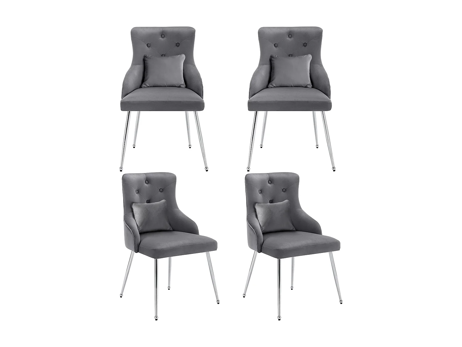 Komplet 4 krzeseł welurowych - 87,5 x 58,5 x 54,5 cm - fotel tapicerowany z poduszką lędźwiową - z nogami metalowymi - szary