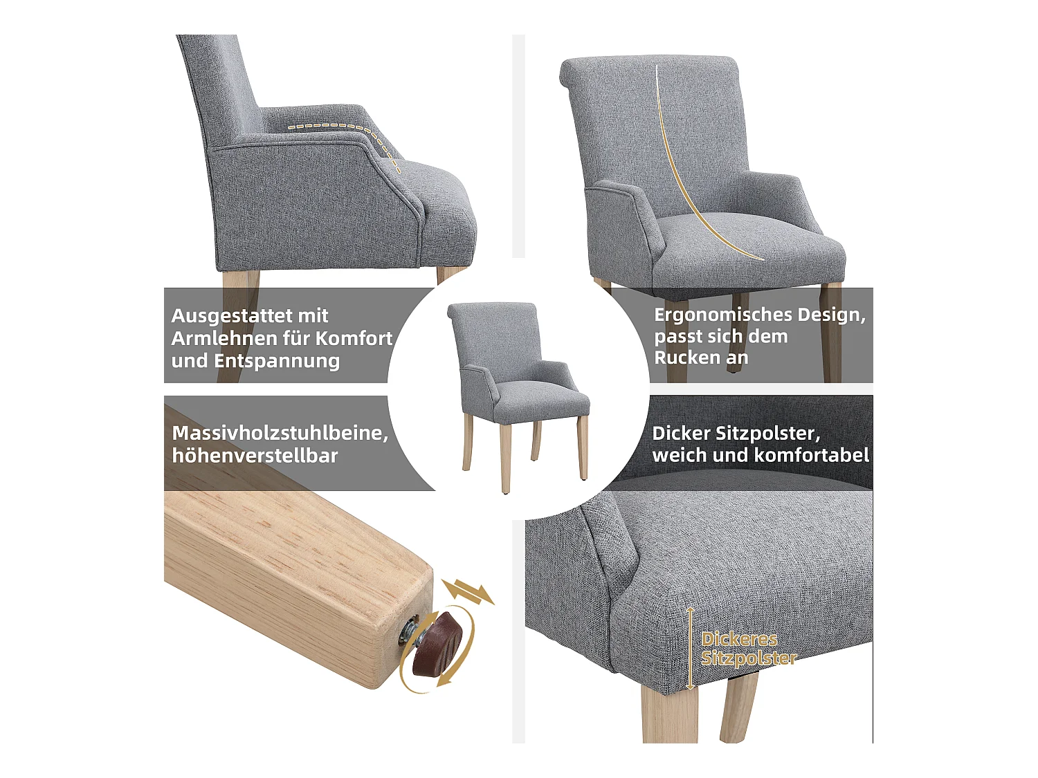 Set van 6 linnen stoelen - 88 x 61 x 51 - met armleuningen en dikke kussens - verstelbare poten - grijs