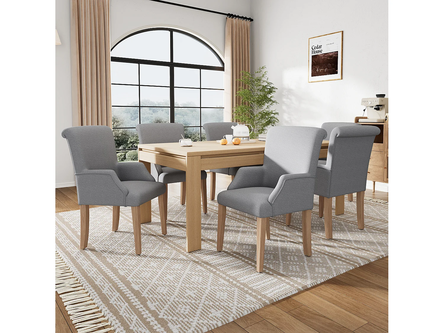 Lot de 6 Chaises en lin - 88 x 61 x 51 - avec accoudoirs et coussin épais - pieds réglables - gris