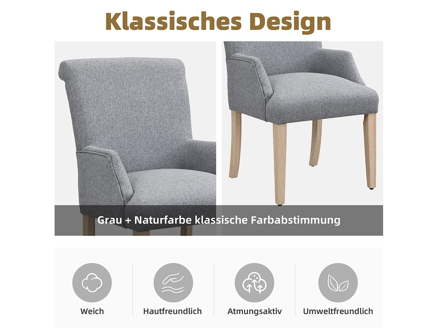 Lot de 6 Chaises en lin - 88 x 61 x 51 - avec accoudoirs et coussin épais - pieds réglables - gris