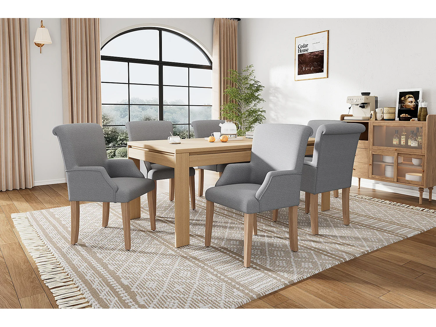 Lot de 6 Chaises en lin - 88 x 61 x 51 - avec accoudoirs et coussin épais - pieds réglables - gris