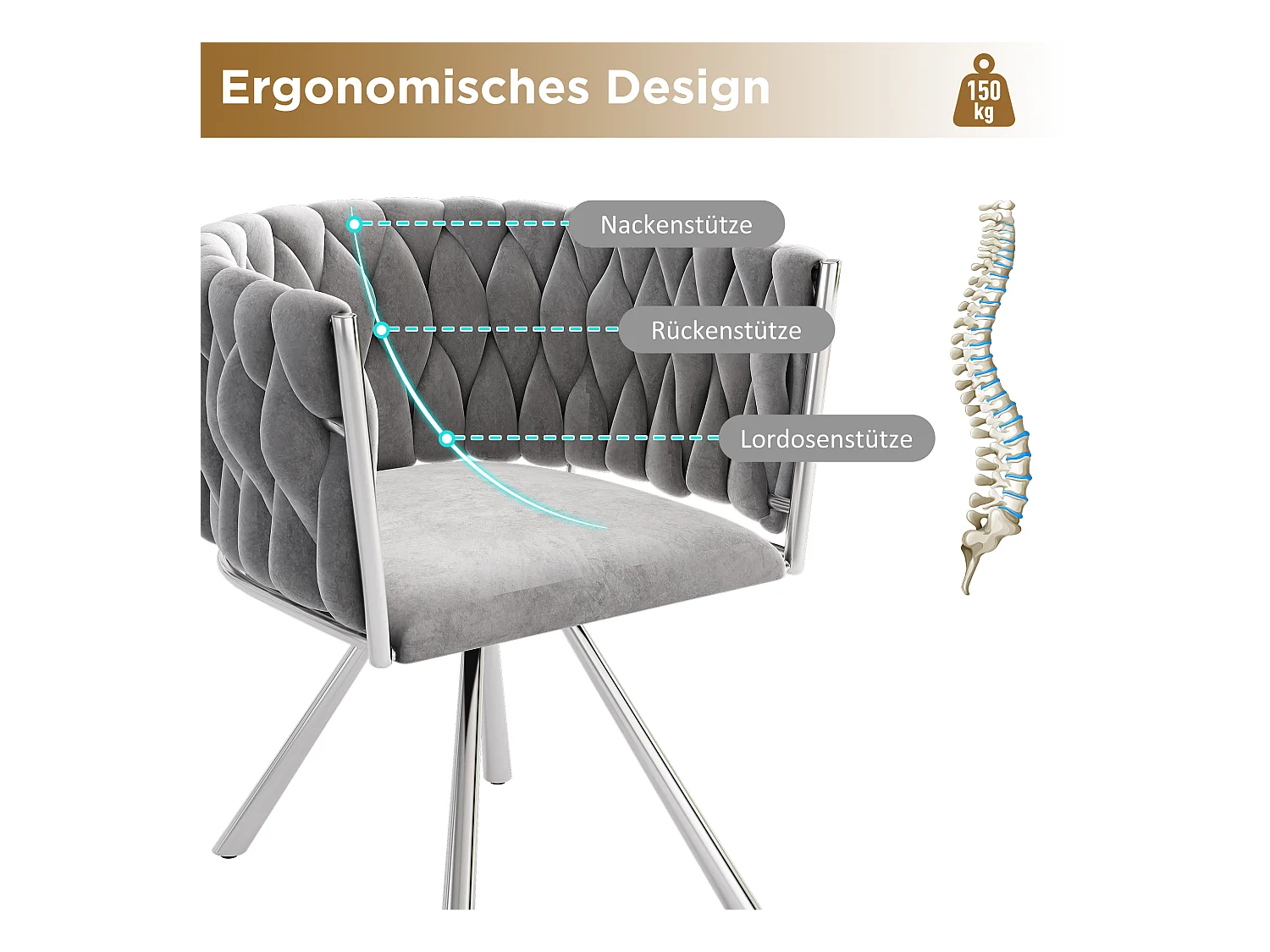 Set van 2 fluwelen draaistoelen - 72 x 44 x 59 cm - Woonkamer en slaapkamer - Vier zilveren metalen poten - Grijs