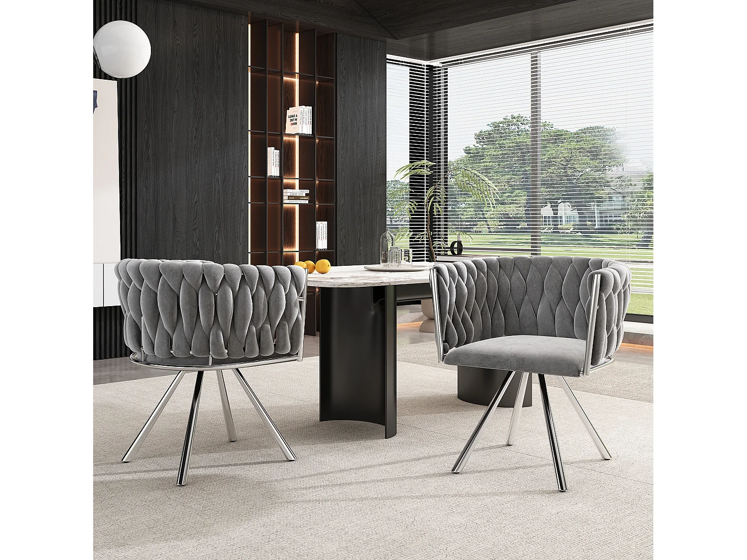 Lot de 2 Chaises pivotantes en velours - 72 x 44 x 59 cm - salon et chambre à coucher - quatre pieds en métal argenté - gris