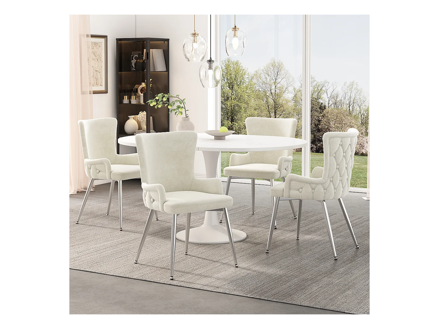 4er Set Luxus-Samtstühle - 85 x 47 x 49 cm - mit vier silbernen Metallbeinen - Beige