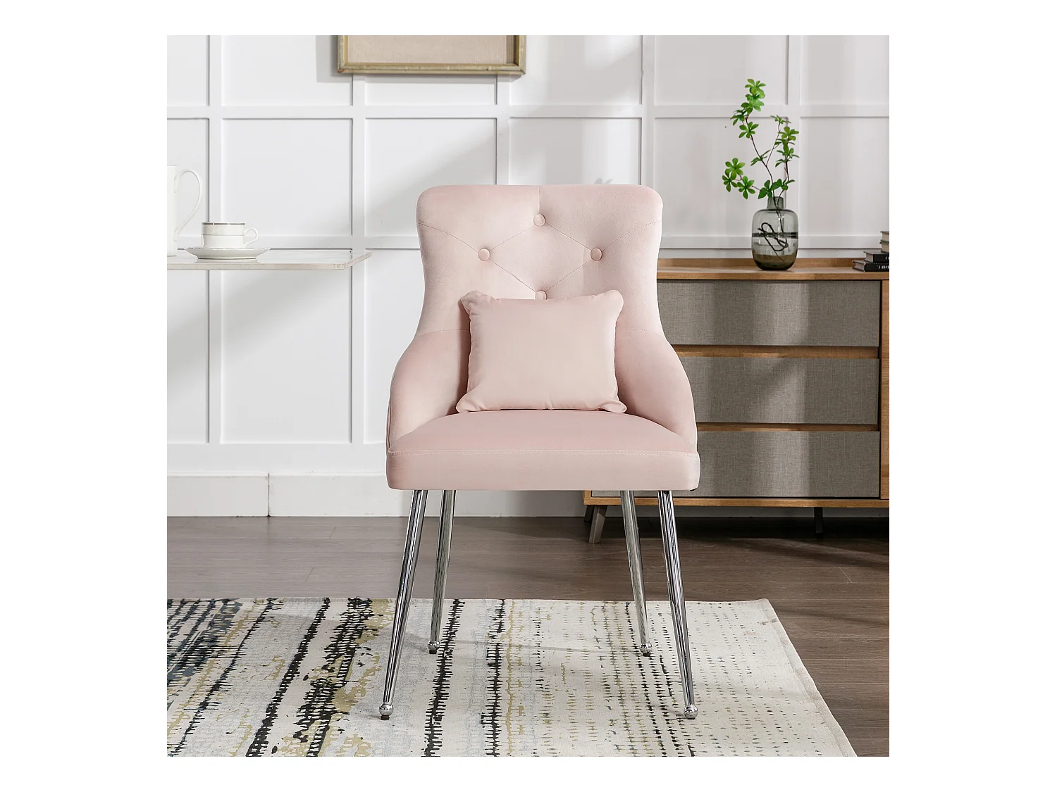 Conjunto de 6 sillas de terciopelo - 87,5 x 58,5 x 54,5 cm - sillón tapizado con cojín lumbar - con patas de metal - rosa