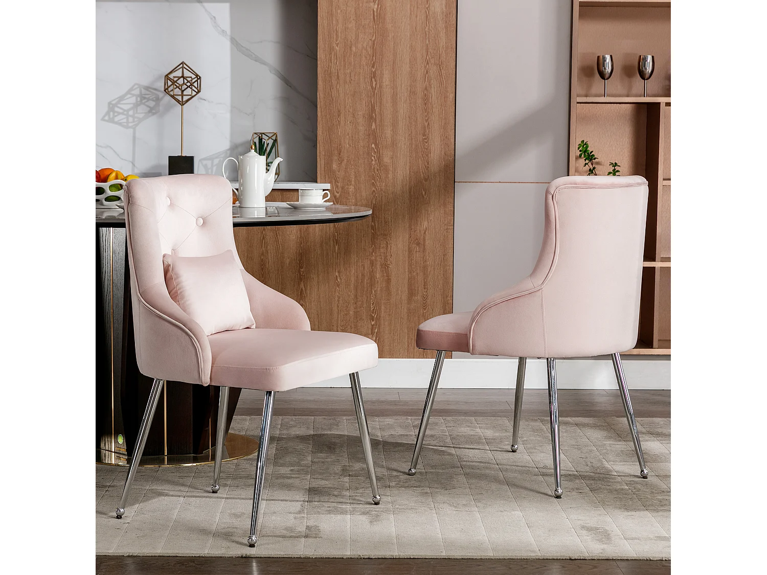 Lot de 6 chaises en velours - 87.5 x 58.5 x 54.5 cm - fauteuil rembourré avec coussin lombaire - avec pieds en métal - rose