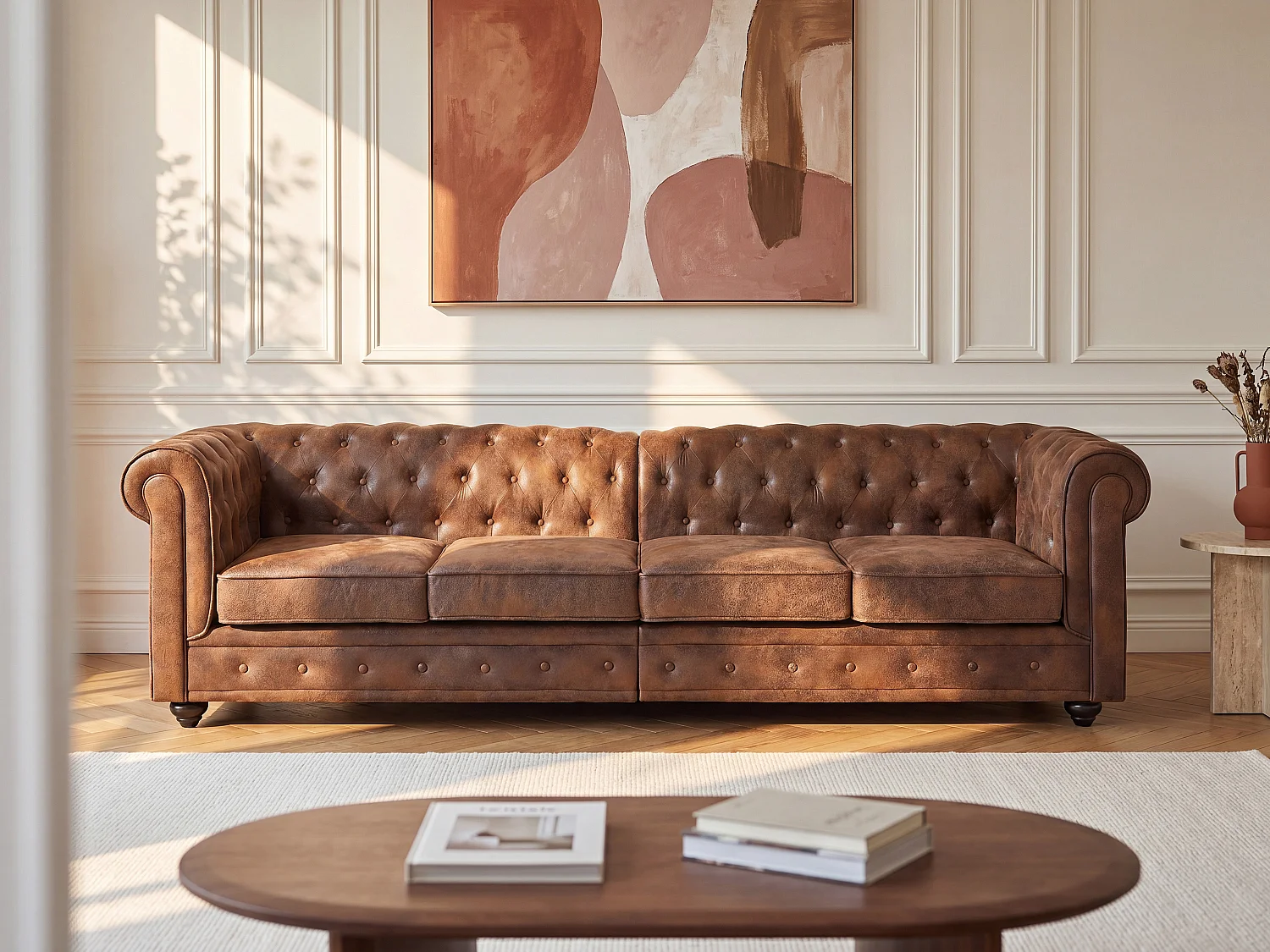 Canapé 4 places en microfibre aspect cuir vieilli CHESTERFIELD