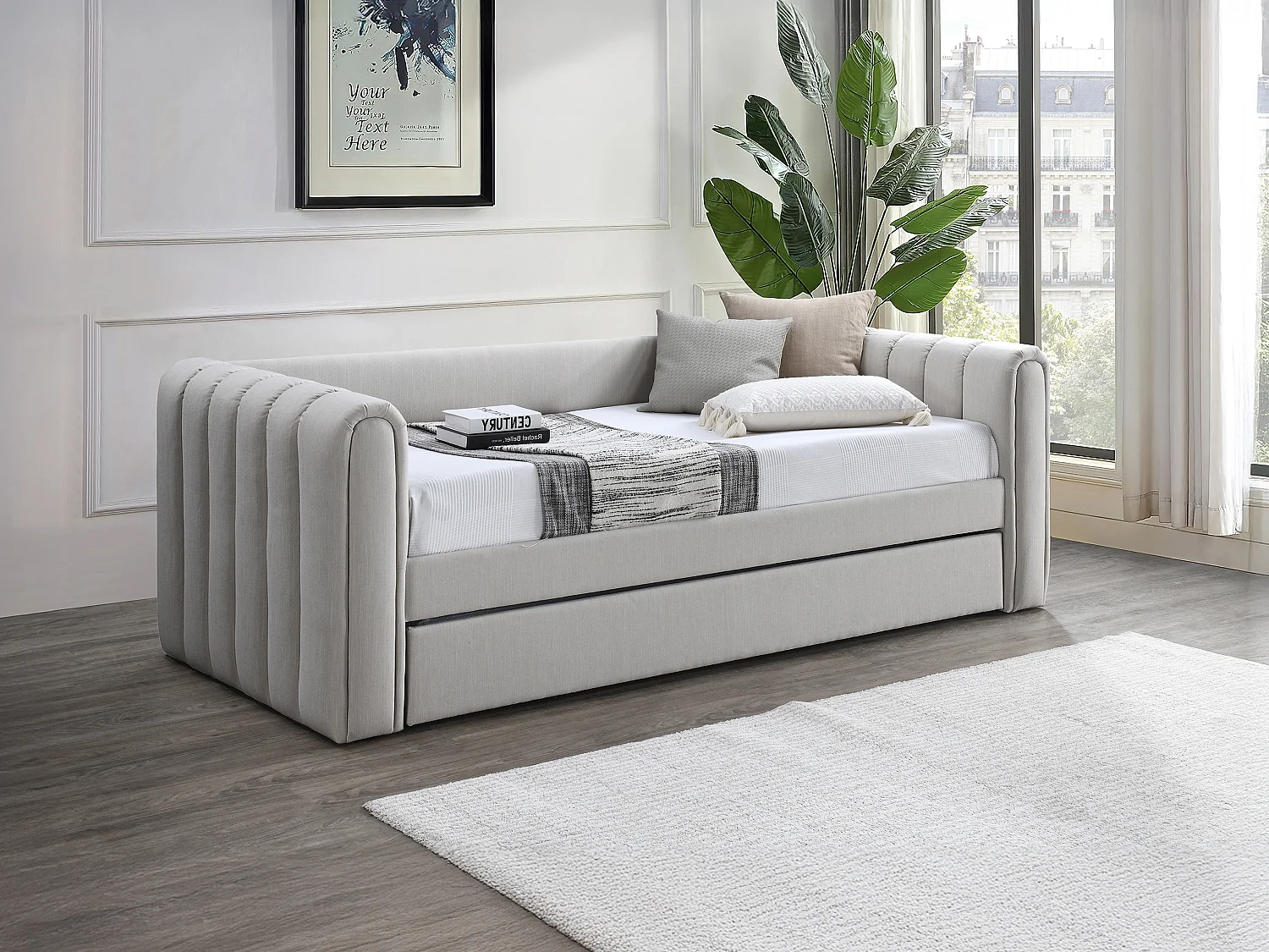 Lit gigogne 90 x 190 cm - Tissu - Beige + Matelas - SAHONA