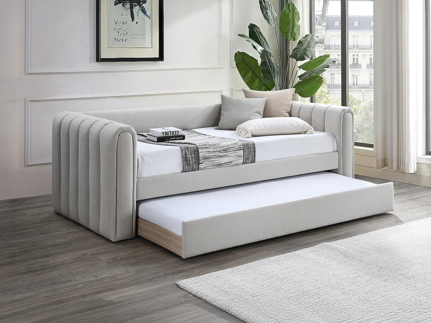 Lit gigogne 90 x 190 cm - Tissu - Beige + Matelas - SAHONA