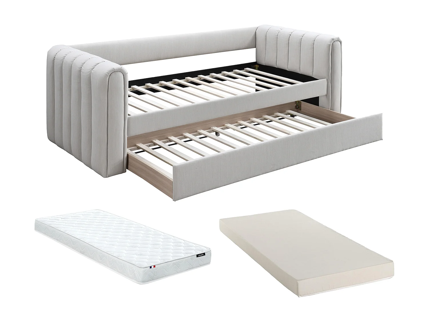 Lit gigogne 90 x 190 cm - Tissu - Beige + Matelas - SAHONA