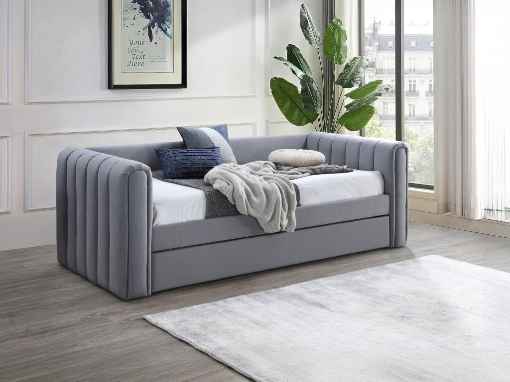 Ausziehbett + Matratze - 90 x 190 cm - Stoff - Grau - SAHONA günstig online kaufen