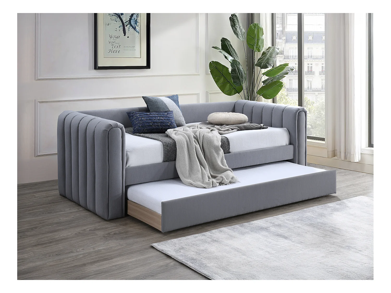 Ausziehbett + Matratze - 90 x 190 cm - Stoff - Grau - SAHONA