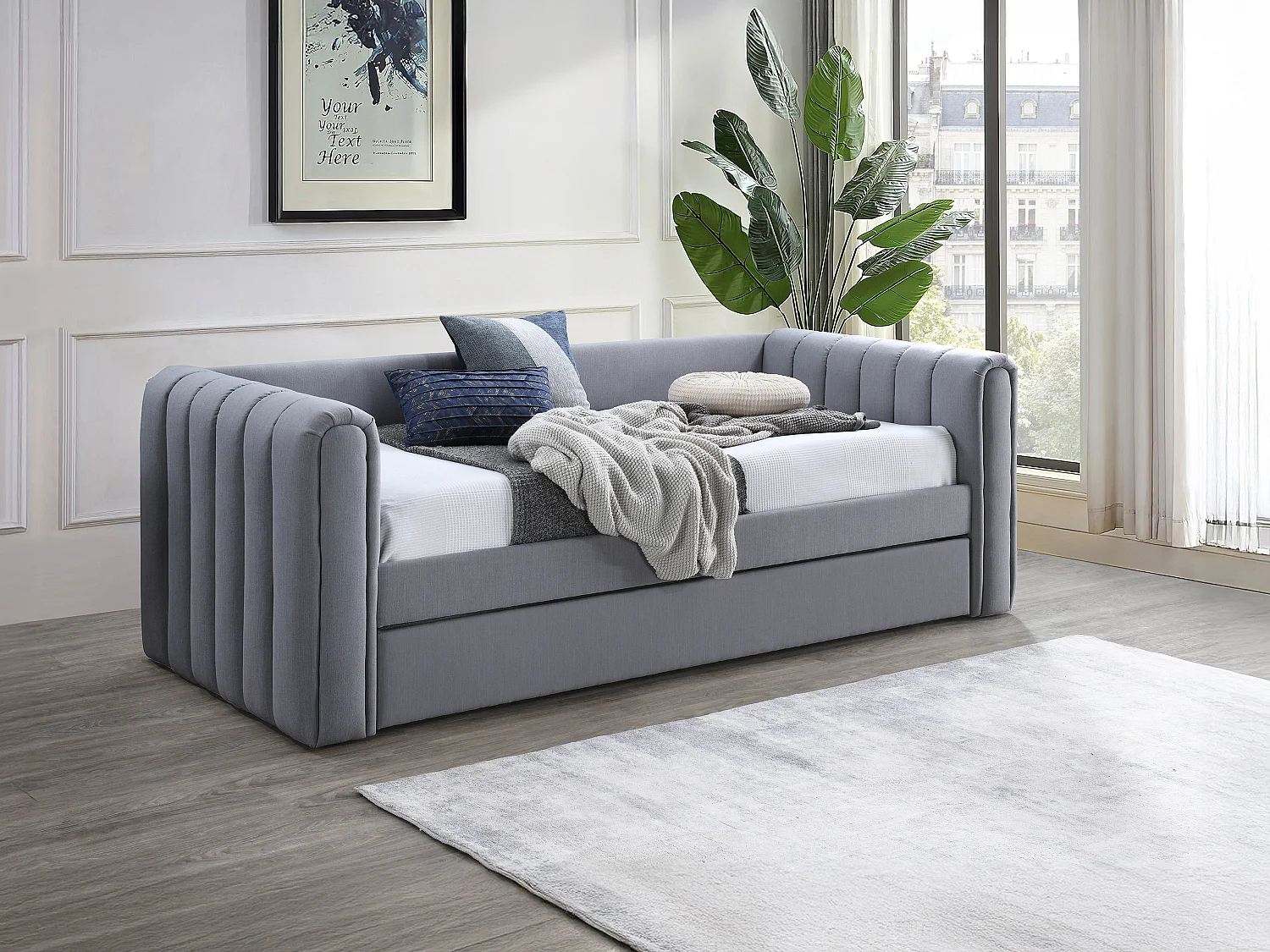 Lit gigogne 90 x 190 cm - Tissu - Gris + Matelas - SAHONA