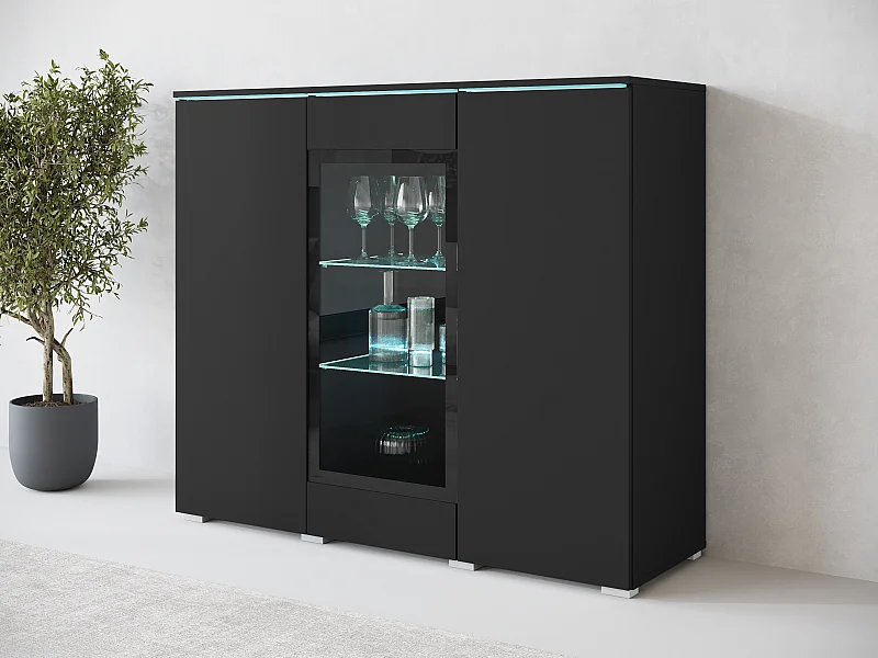 Nowoczesna wysoka witryna 120 cm do salonu 3 drzwiowa czarny grafit mat