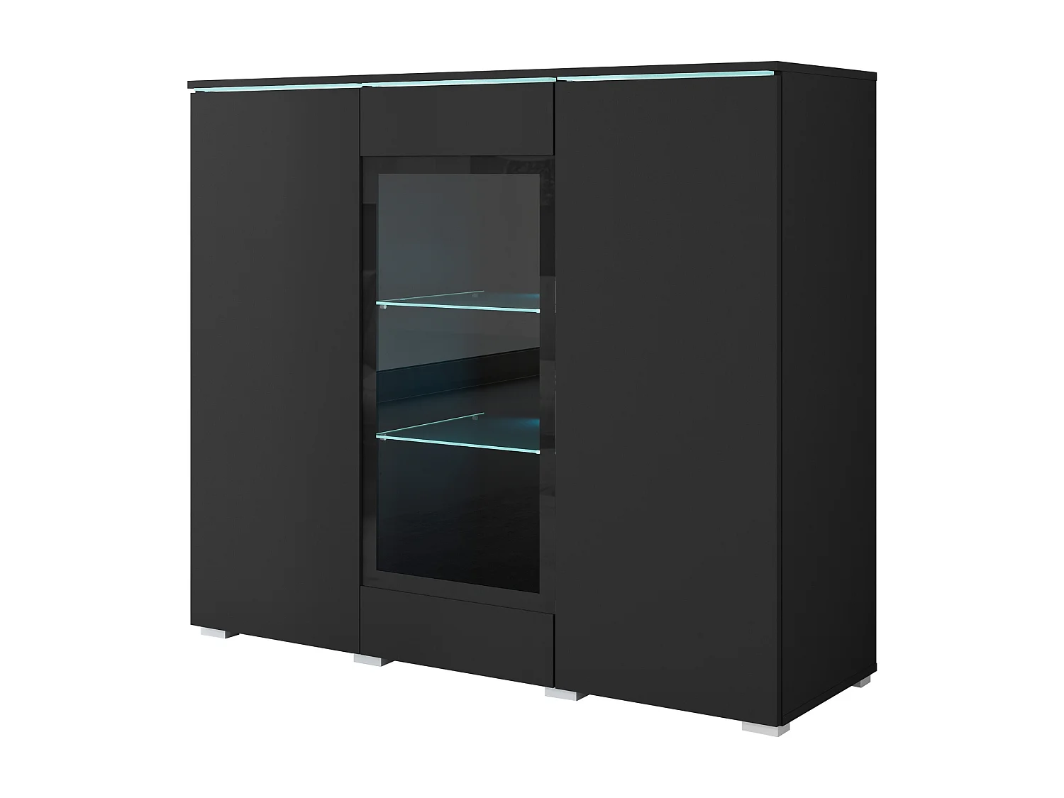 Modernes 120 cm Hohes Vitrinenschrank mit 3 Türen Graphit Schwarz Matt Finish und LED-Option