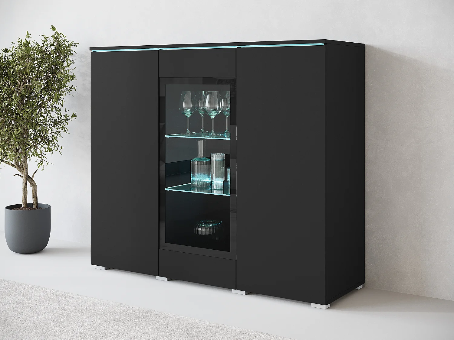 Modernes 120 cm Hohes Vitrinenschrank mit 3 Türen Graphit Schwarz Matt Finish und LED-Option