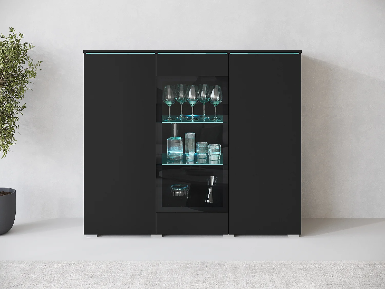 Modernes 120 cm Hohes Vitrinenschrank mit 3 Türen Graphit Schwarz Matt Finish und LED-Option