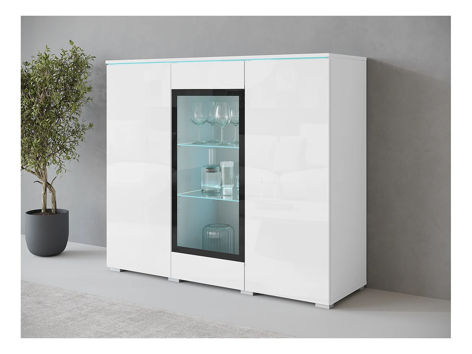Vitrine haute moderne 120 cm pour salon 3 portes corps blanc mat et façades blanc brillant