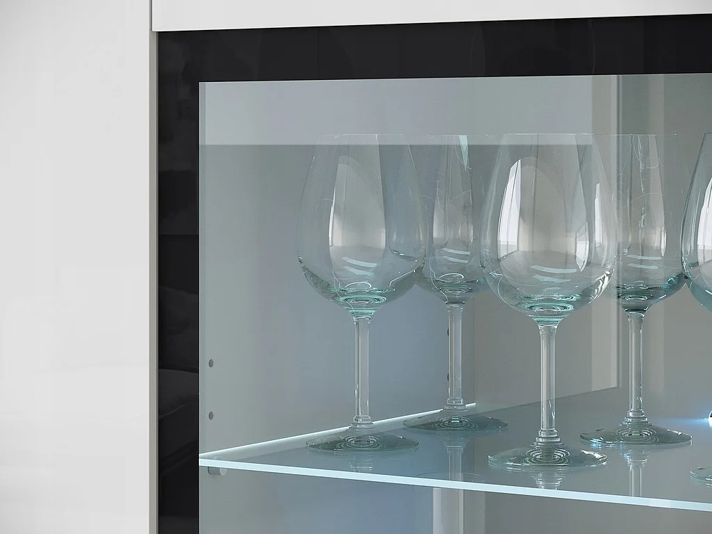 Moderne hoge vitrinekast 120 cm voor woonkamer 3 deuren corpus wit mat en fronten wit hoogglans