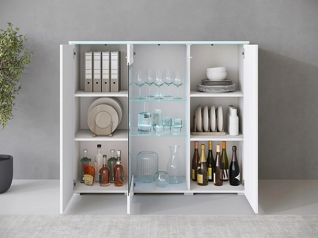 Vitrine haute moderne 120 cm pour salon 3 portes corps blanc mat et façades blanc brillant