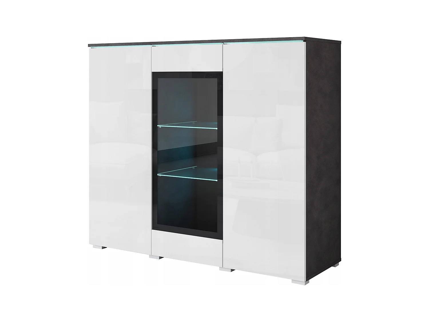 Moderne hoge vitrinekast 120 cm voor woonkamer 3 deuren corpus matera mat en fronten wit hoogglans