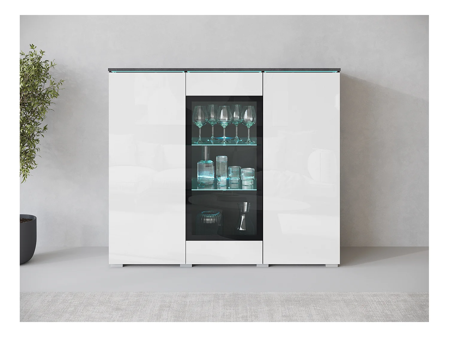 Moderne hoge vitrinekast 120 cm voor woonkamer 3 deuren corpus matera mat en fronten wit hoogglans