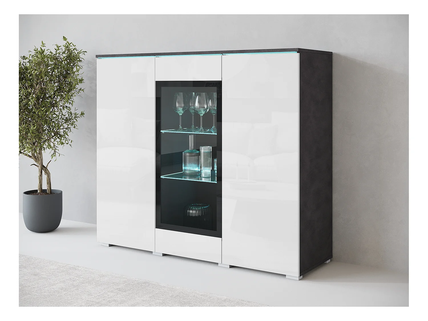 Vitrine haute moderne 120 cm pour salon 3 portes corps matera mat et façades blanc brillant