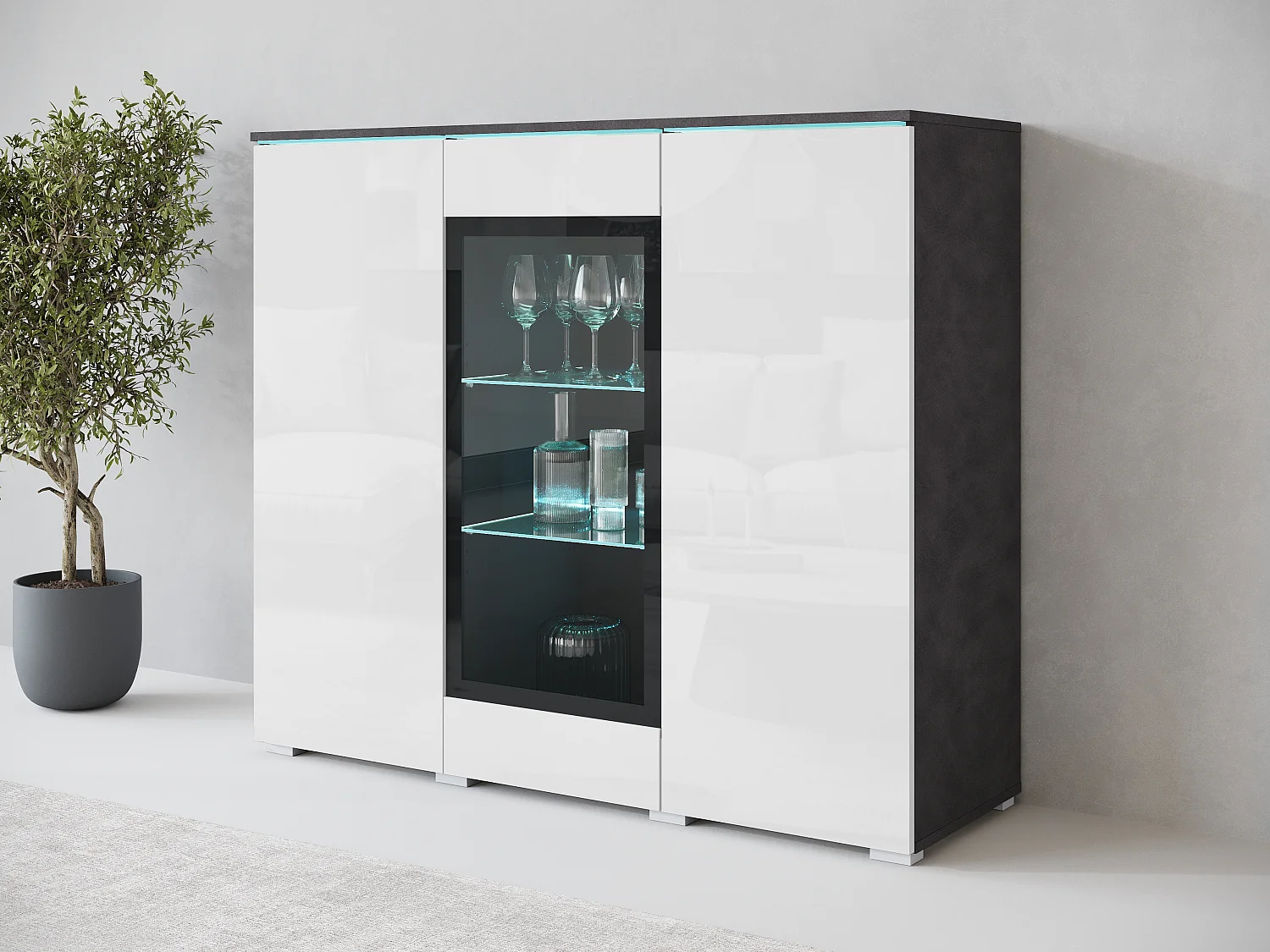 Vitrine haute moderne 120 cm pour salon 3 portes corps matera mat et façades blanc brillant