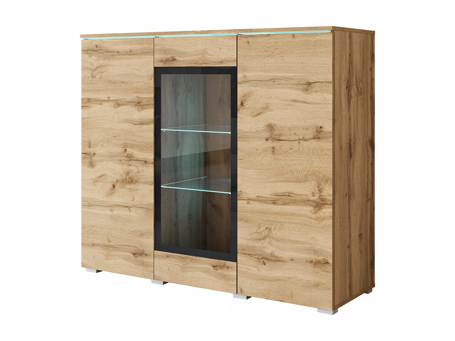 Vitrine haute moderne 120 cm pour salon 3 portes chêne wotan mat