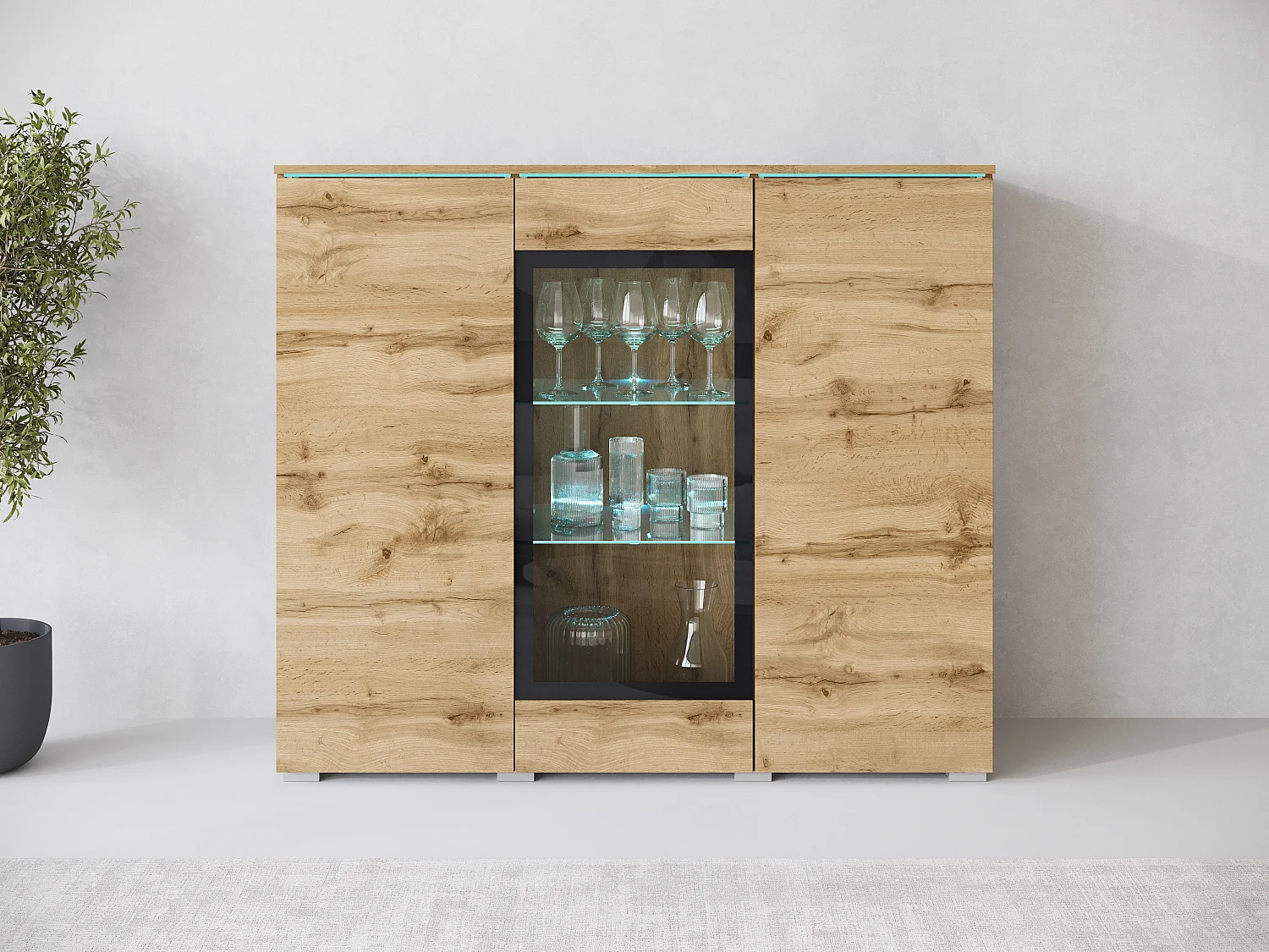 Modernes 120cm Hohes Vitrinenschrank mit 3 Türen Eiche Wotan Mattes Finish Glasregale LED-Option