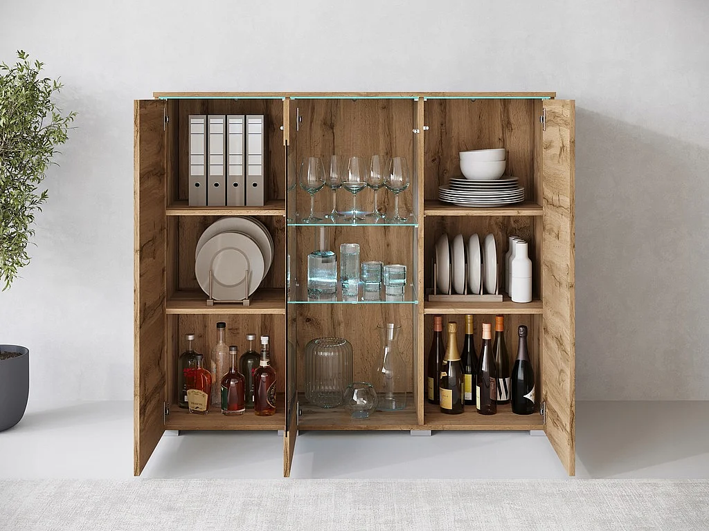 Modernes 120cm Hohes Vitrinenschrank mit 3 Türen Eiche Wotan Mattes Finish Glasregale LED-Option