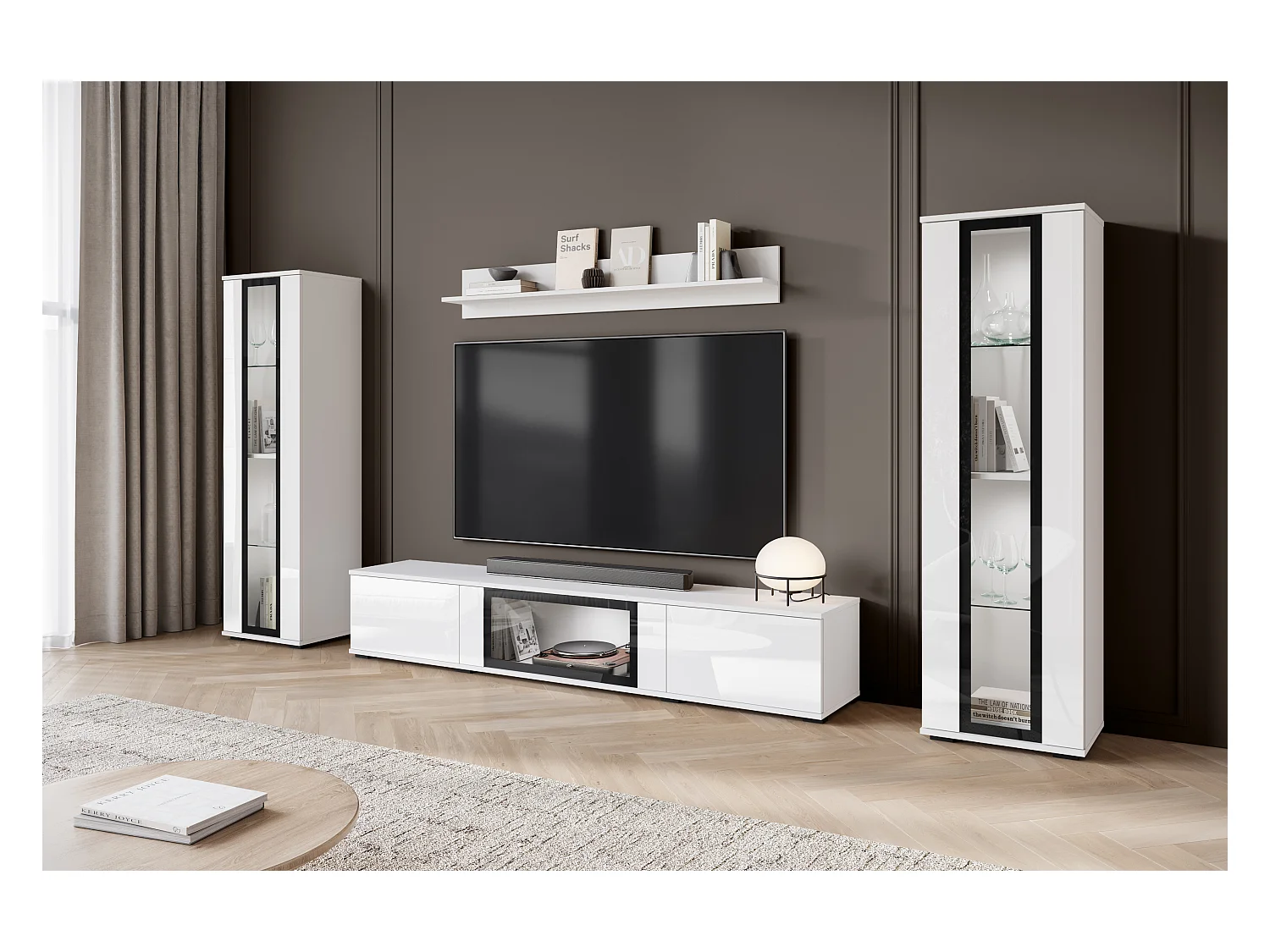Ensemble mural moderne pour salon – 2 vitrines et meuble TV 180 cm, corps blanc mat façades blanc brillant