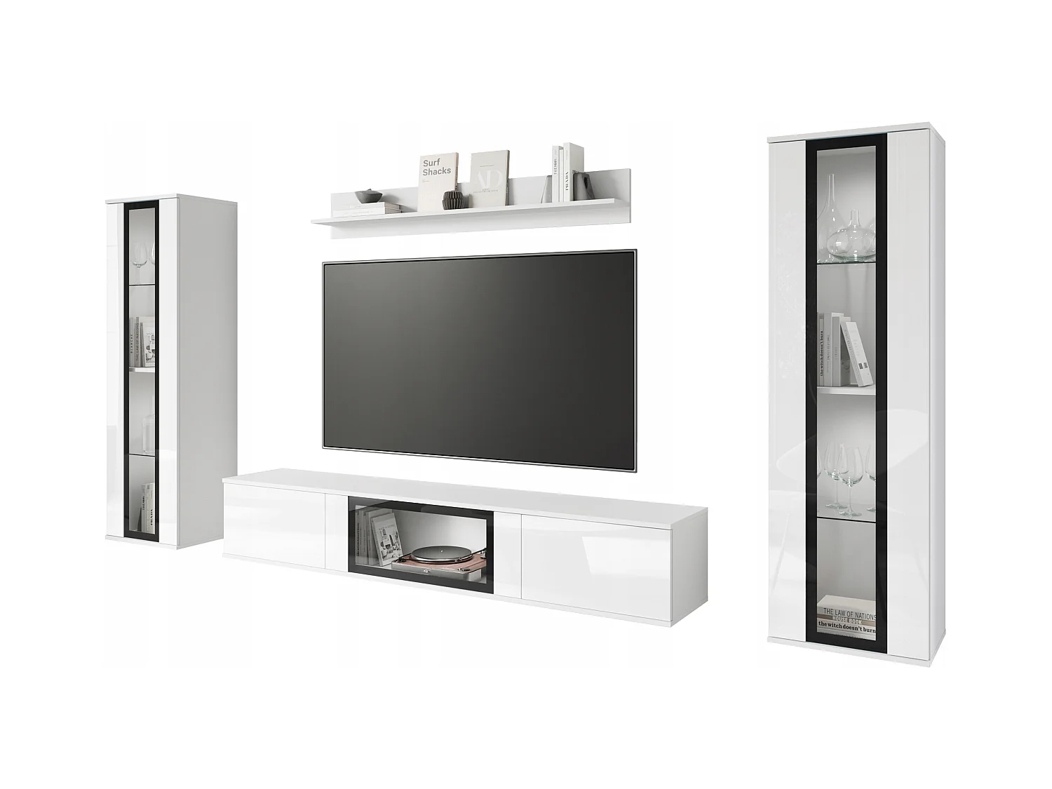 Moderne woonwand voor de woonkamer – 2 vitrinekasten en tv-meubel 180 cm, corpus wit mat fronten wit hoogglans