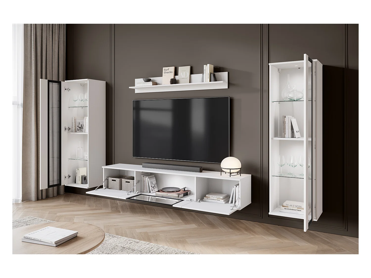 Moderne woonwand voor de woonkamer – 2 vitrinekasten en tv-meubel 180 cm, corpus wit mat fronten wit hoogglans