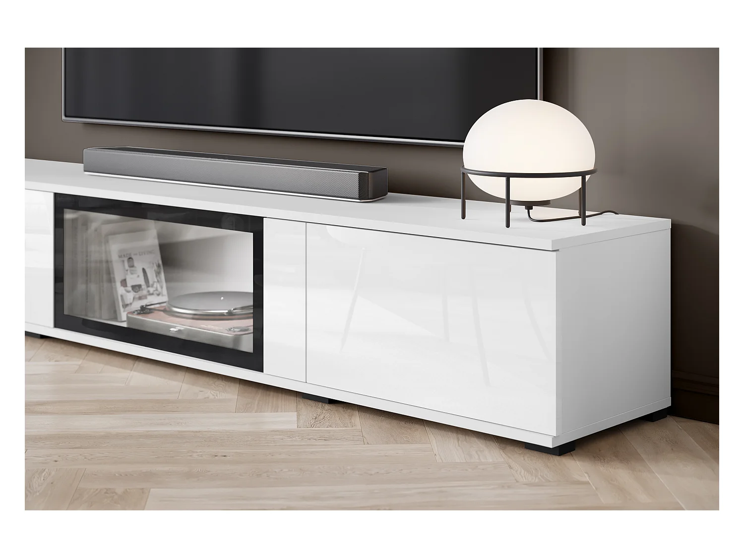 Moderne woonwand voor de woonkamer – 2 vitrinekasten en tv-meubel 180 cm, corpus wit mat fronten wit hoogglans