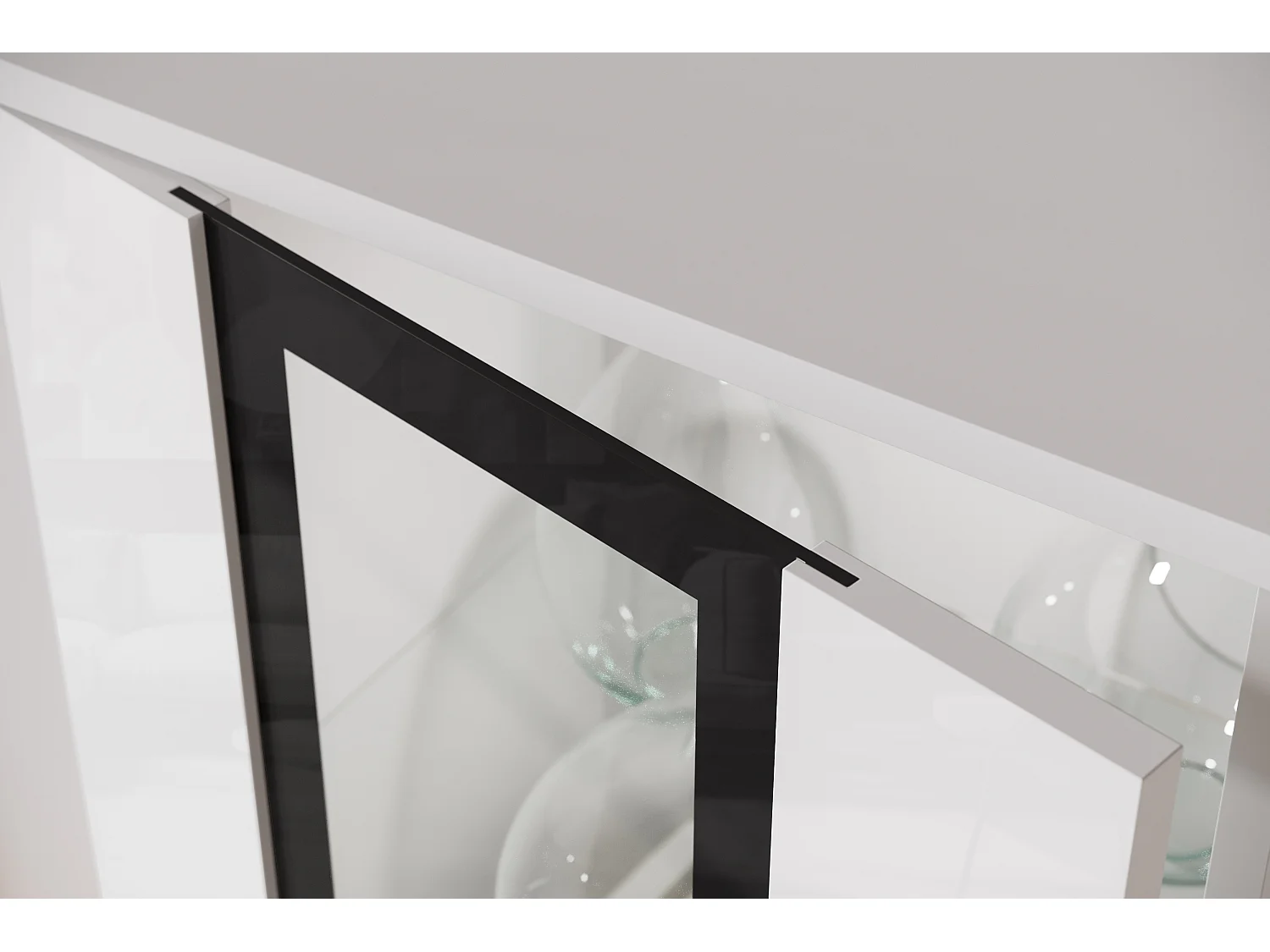 Ensemble mural moderne pour salon – 2 vitrines et meuble TV 180 cm, corps blanc mat façades blanc brillant