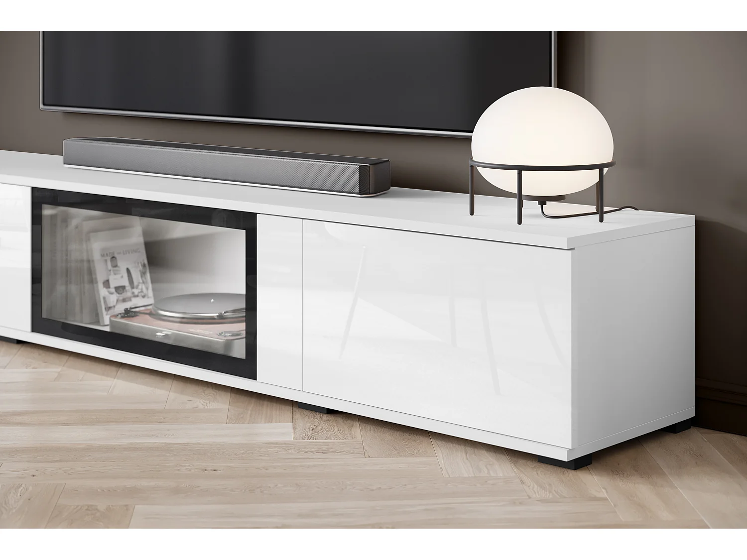 Ensemble mural moderne pour salon – 2 vitrines et meuble TV 180 cm, corps blanc mat façades blanc brillant